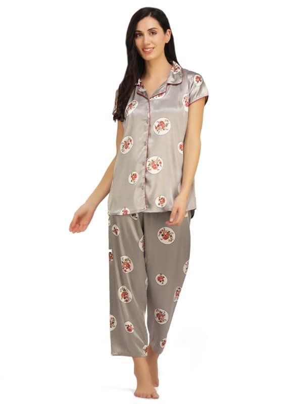 KOI SLEEPWEAR Satin Grey Rose Flowers Nightsuit for Women
