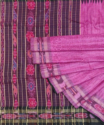 Pink Black Sambalpuri Handwoven Ikat Border Tussar Silk Saree
