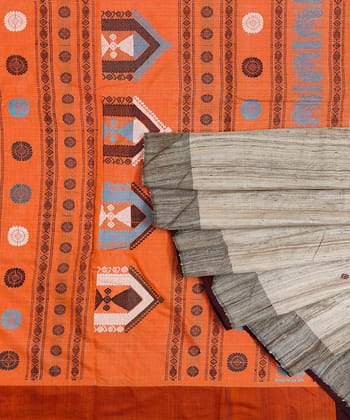 Beige Orange Sambalpuri Handwoven Dolabedi Tussar Silk Saree