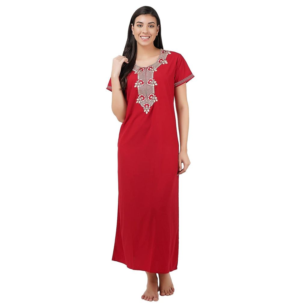 Valencia Premium Women Embroidery Nightgown LissyBissy Cotton Nighty Maxi Red - Nightwear & Loungewear | Buy online on ZillyBuy