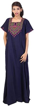 VALENCIA SLEEPWEAR Cotton LizzyBizzy Embroidery Nighty Nightwear Maxi Nightgown Plain Navy Blue