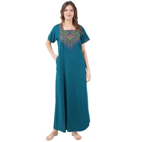 VALENCIA SLEEPWEAR Cotton LizzyBizzy Embroidery Nighty Nightwear Maxi Nightgown Plain Peacock Green