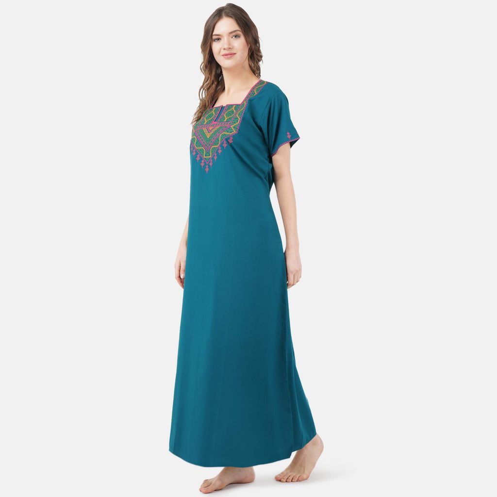 VALENCIA SLEEPWEAR Cotton LizzyBizzy Embroidery Nighty Nightwear Maxi Nightgown Plain Peacock Green