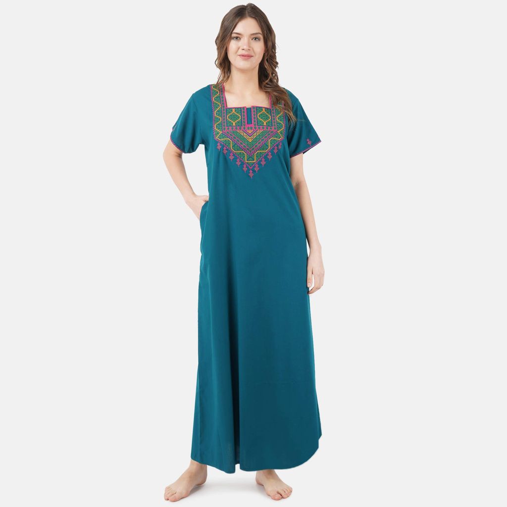 VALENCIA SLEEPWEAR Cotton LizzyBizzy Embroidery Nighty Nightwear Maxi Nightgown Plain Peacock Green