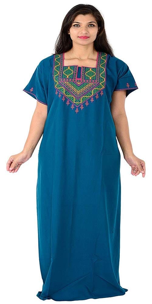 VALENCIA SLEEPWEAR Women's Embroidery Night Gown Lizzybizzy Cotton Peacock Green