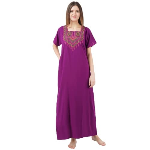 VALENCIA SLEEPWEAR Cotton LizzyBizzy Embroidery Nighty Nightwear Maxi Nightgown Plain Purple