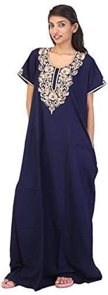 VALENCIA SLEEPWEAR lissybissy Cotton Resham Embroidery Nighty Night Gown Maxi for Women A line (Navy Blue)