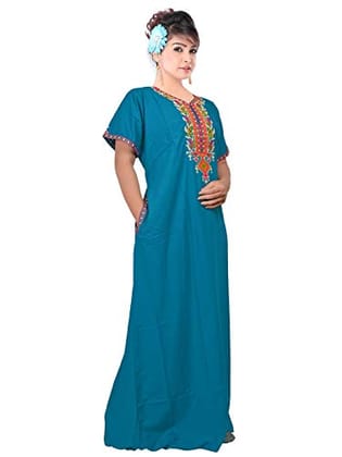 Valencia Cotton LizzyBizzy Embroidery Nighty Nightwear Maxi Nightgown Plain (X-Large, Turquoise)
