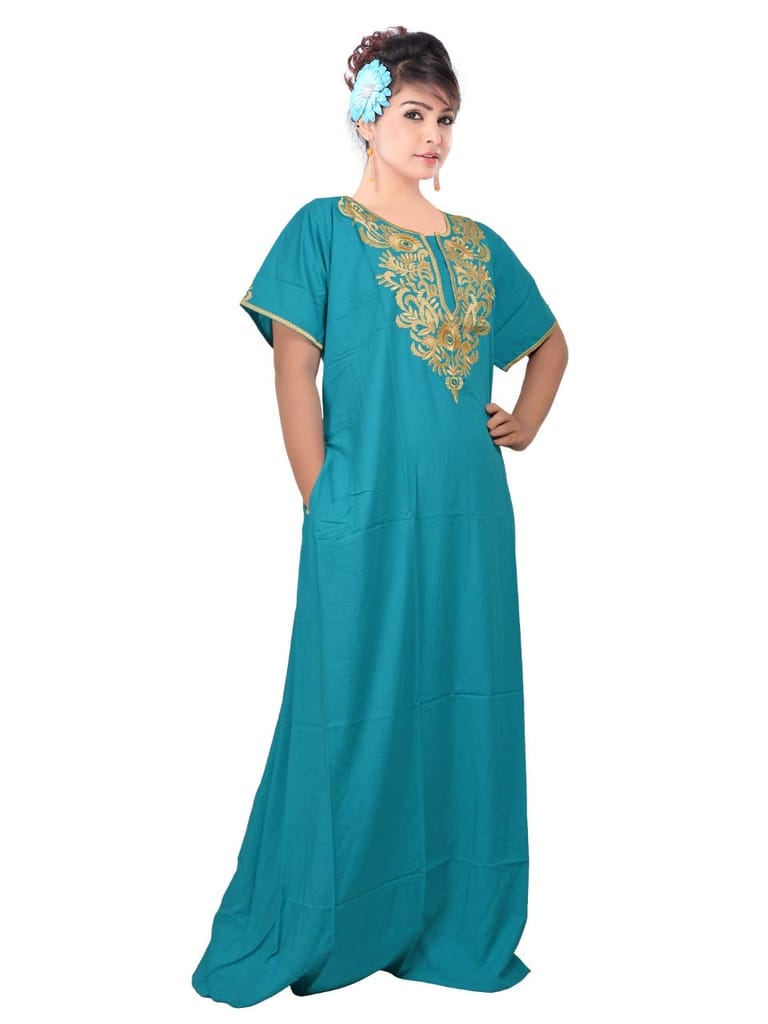 VALENCIA SLEEPWEAR Plain Embroidery Gown Maxi Nightwear Nighty Lizzy Bizzy Soft Fabric (XX_Large, Sky Blue)