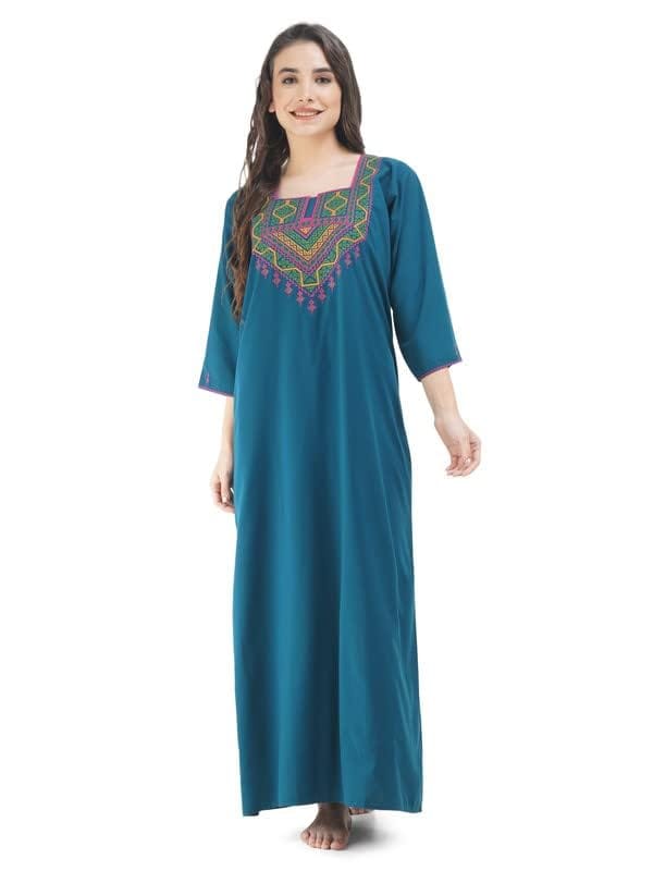 Valencia Premium Lissybissy Cotton Multicoloured Embroidery Full Sleeve Night Gown (X-Large, Cotton Blend) Peacock Blue - Nightwear & Loungewear | Buy online on ZillyBuy