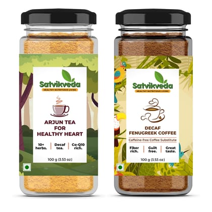 Satvikveda Caffeine Free Arjun Tea + Fenugreek Coffee | Combo of 2 | Caffeine free Milk Tea & Coffee | Decafe Tea & Coffee