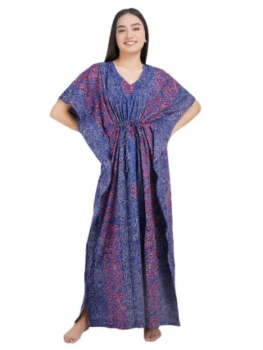 KOI SLEEPWEAR Cotton Kaftan Free Size Nighty Night Gown Sleepwear Blue