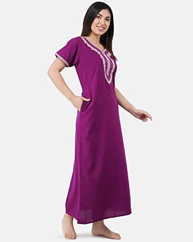 KOI SLEEPWEAR Premium Women White Contrast Embroidery Night Gown Lizzybizzy Cotton Nighty Maxi (Large, Purple)