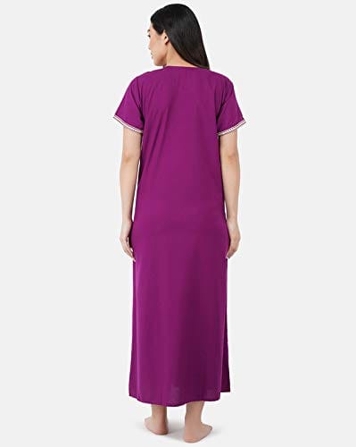 KOI SLEEPWEAR Premium Women White Contrast Embroidery Night Gown Lizzybizzy Cotton Nighty Maxi (Large, Purple)