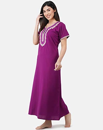 KOI SLEEPWEAR Premium Women White Contrast Embroidery Night Gown Lizzybizzy Cotton Nighty Maxi (Large, Purple)