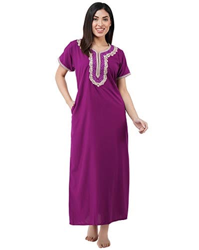 KOI SLEEPWEAR Premium Women White Contrast Embroidery Night Gown Lizzybizzy Cotton Nighty Maxi (Large, Purple)