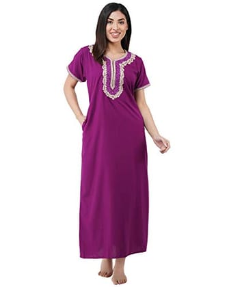 KOI SLEEPWEAR Premium Women White Contrast Embroidery Night Gown Lizzybizzy Cotton Nighty Maxi (X-Large, Purple)