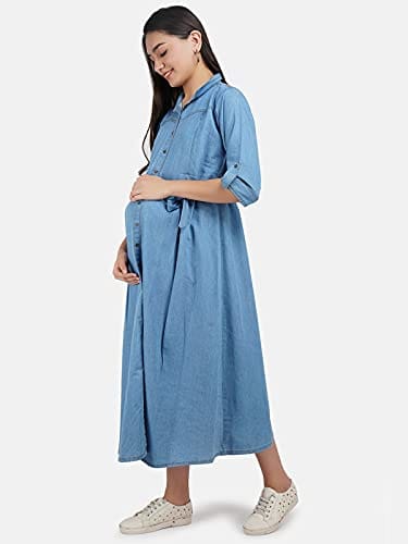 KOI SLEEPWEAR Women's Denim Maternity Gown with Feeding Pocket Maxi Night Gown for Pregnant Women (X-Large, Light Blue)