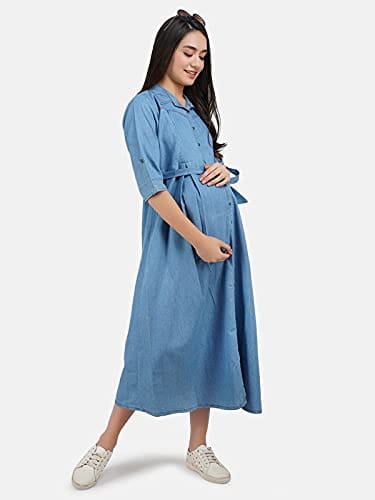 KOI SLEEPWEAR Women's Denim Maternity Gown with Feeding Pocket Maxi Night Gown for Pregnant Women (X-Large, Light Blue)
