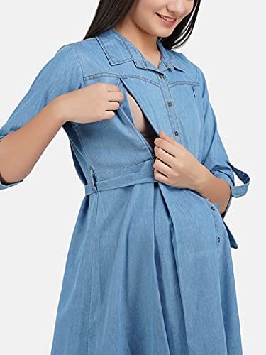 KOI SLEEPWEAR Women's Denim Maternity Gown with Feeding Pocket Maxi Night Gown for Pregnant Women (X-Large, Light Blue)