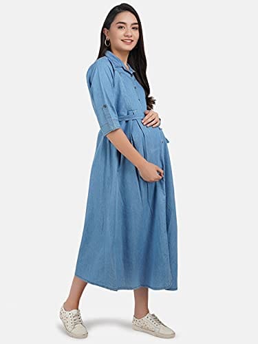 KOI SLEEPWEAR Women's Denim Maternity Gown with Feeding Pocket Maxi Night Gown for Pregnant Women (X-Large, Light Blue)