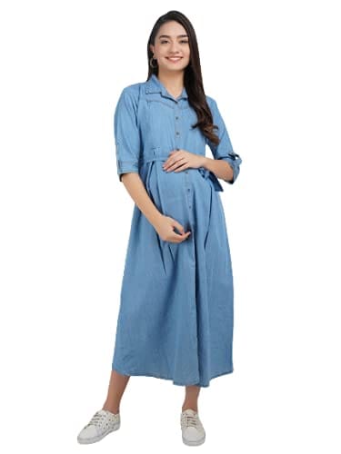 KOI SLEEPWEAR Women's Denim Maternity Gown with Feeding Pocket Maxi Night Gown for Pregnant Women (X-Large, Light Blue)