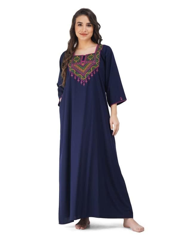 Valencia Premium Lissybissy Cotton Multicoloured Embroidery Full Sleeve Night Gown Navy - Nightwear & Loungewear | Buy online on ZillyBuy
