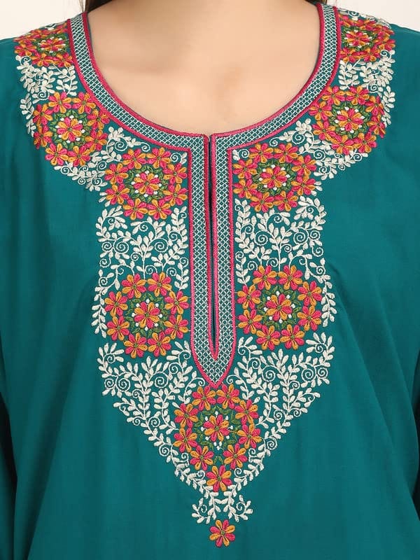 KOI SLEEPWEAR Lissybissy Cotton Nine Flowers Embroidery Full Sleeve Night Gown Teal Blue