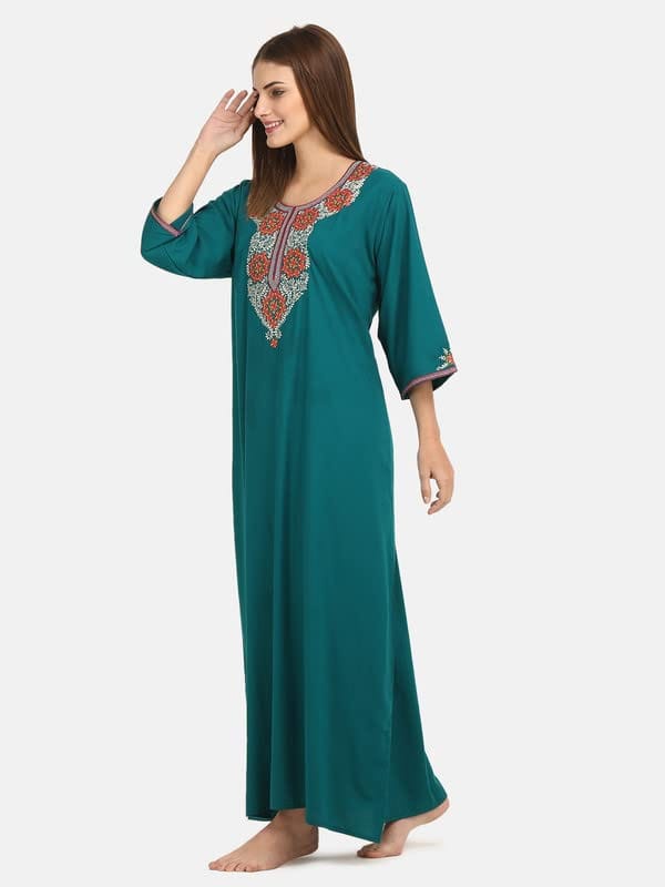 KOI SLEEPWEAR Lissybissy Cotton Nine Flowers Embroidery Full Sleeve Night Gown Teal Blue