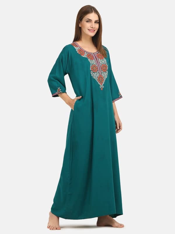 KOI SLEEPWEAR Lissybissy Cotton Nine Flowers Embroidery Full Sleeve Night Gown Teal Blue