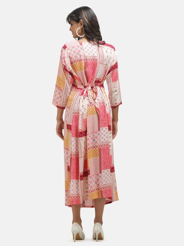 KOI Casual Maternity Dress with Square Print Peach