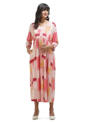 Casual Maternity Dress with Square Print Peach