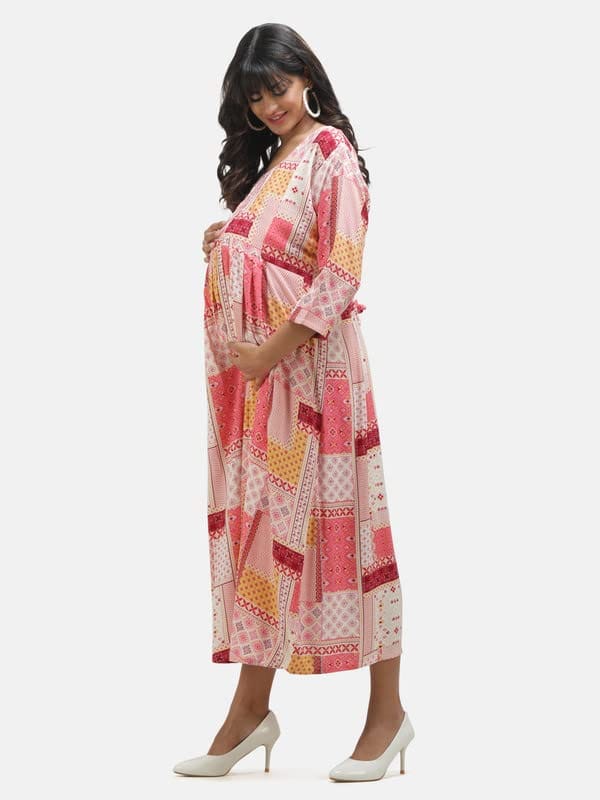 KOI Casual Maternity Dress with Square Print Peach