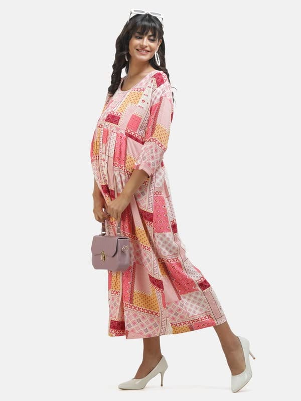 KOI Casual Maternity Dress with Square Print Peach