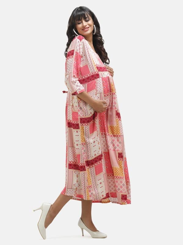 KOI Casual Maternity Dress with Square Print Peach