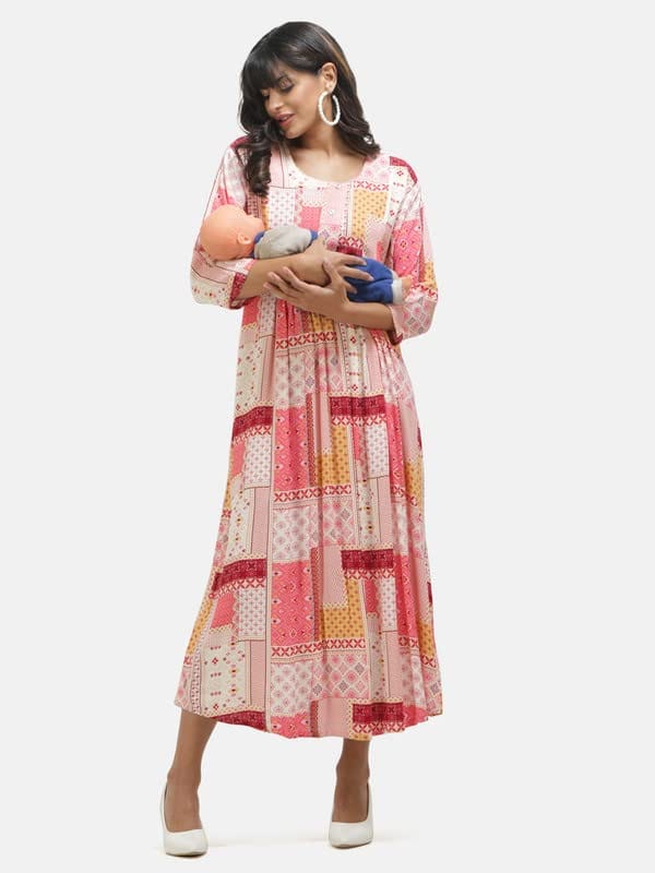 KOI Casual Maternity Dress with Square Print Peach