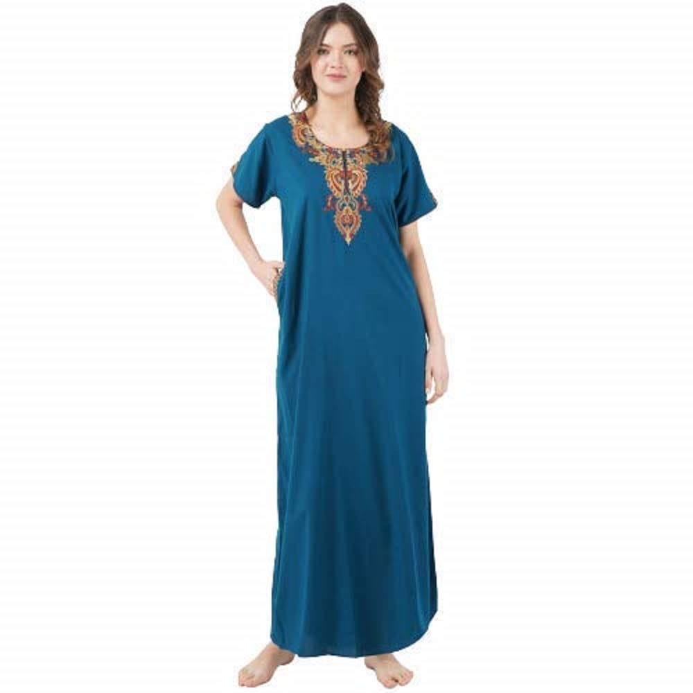 KOI SLEEPWEAR Women's Lissybissy Cotton Resham Embroidery A Line Nighty/Night Gown/Maxi for Women (Peacock Blue)
