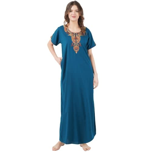 KOI SLEEPWEAR Women's Cotton Blend Cream Embroidered Maxi Length Nightgown Peacock -2XL/3XL