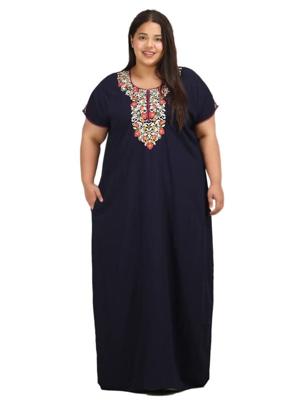 KOI SLEEPWEAR Women's Short Sleeves Lissybissy Full Length Maxi/Nighty Nightgown with Beautiful Flowerline Embroidery (Navy, 2XL/3XL) - Nightwear & Loungewear | Buy online on ZillyBuy