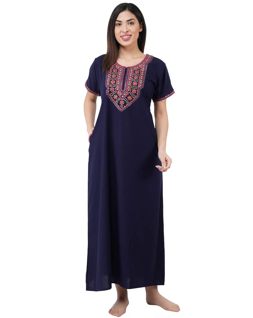 KOI SLEEPWEAR Premium Women Embroidery Night Gown Lizzybizzy with Mirror Work Cotton Nighty Maxi (X-Large, Navy Blue)