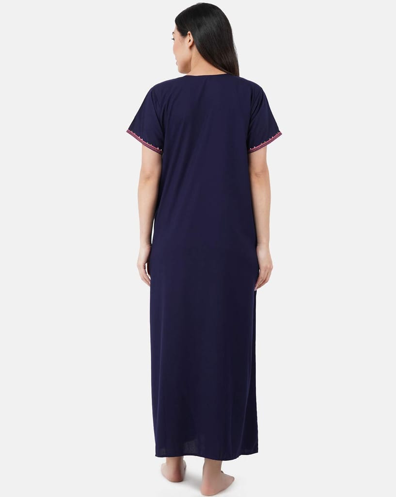 KOI SLEEPWEAR Premium Women Embroidery Night Gown Lizzybizzy with Mirror Work Cotton Nighty Maxi (X-Large, Navy Blue)