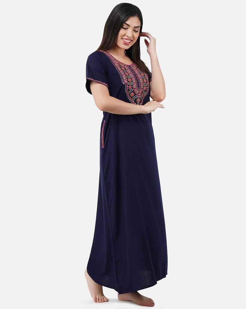 KOI SLEEPWEAR Premium Women Embroidery Night Gown Lizzybizzy with Mirror Work Cotton Nighty Maxi (X-Large, Navy Blue)