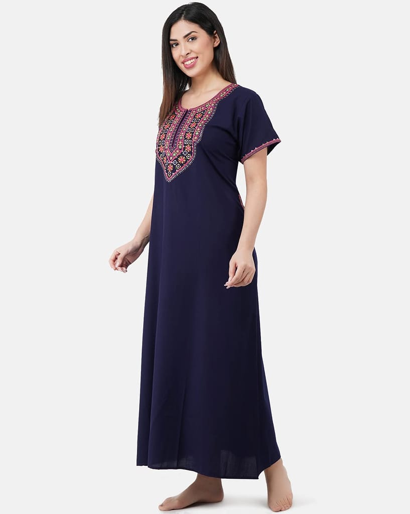 KOI SLEEPWEAR Premium Women Embroidery Night Gown Lizzybizzy with Mirror Work Cotton Nighty Maxi (X-Large, Navy Blue)