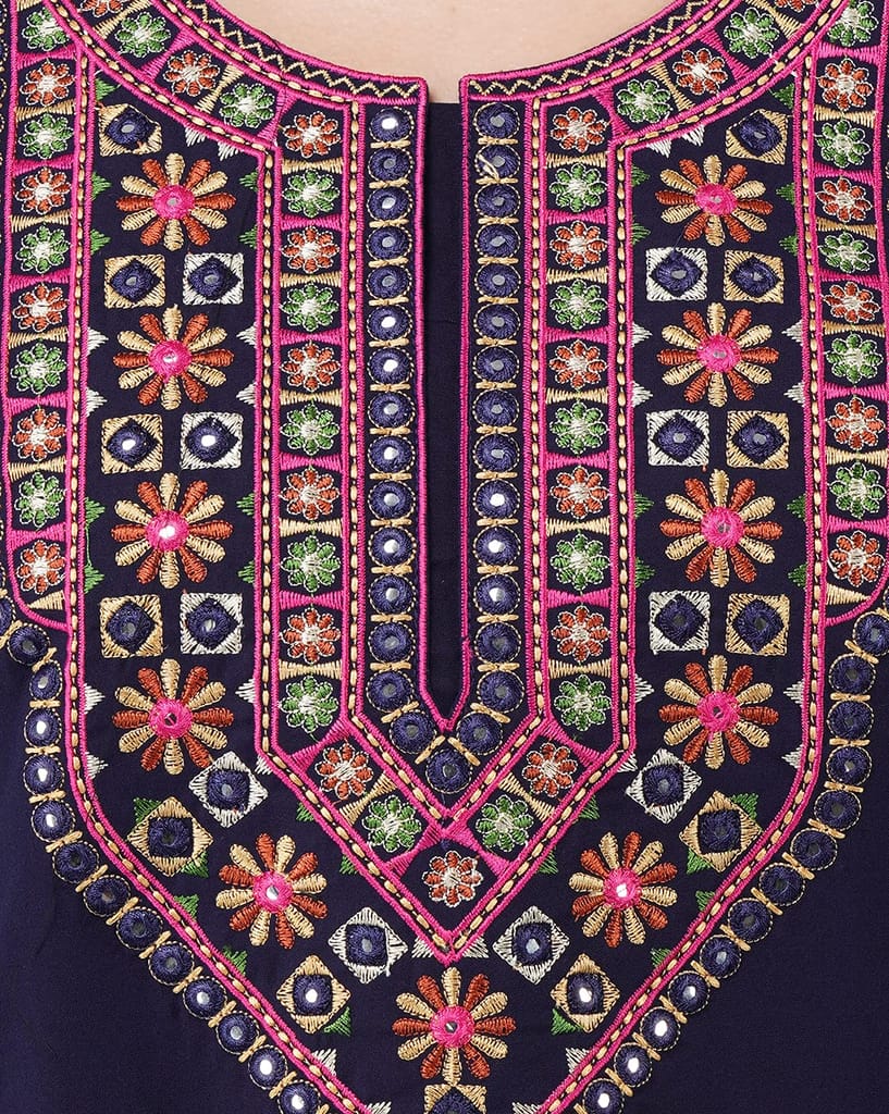 KOI SLEEPWEAR Premium Women Embroidery Night Gown Lizzybizzy with Mirror Work Cotton Nighty Maxi (X-Large, Navy Blue)