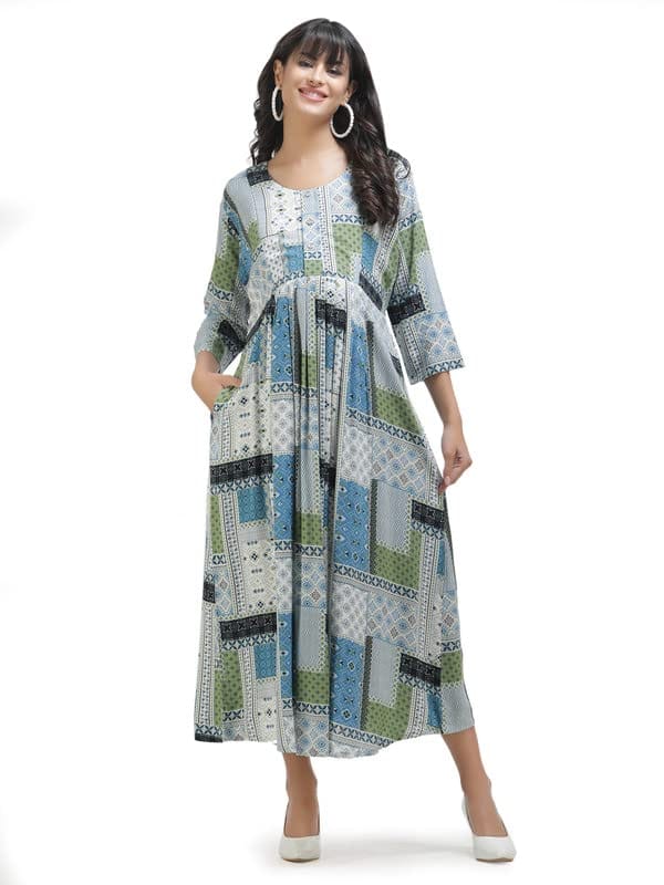 Casual Maternity Dress with Square Print Blue