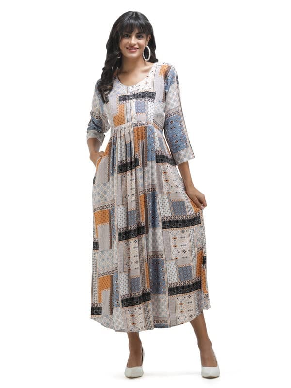 Casual Maternity Dress with Square Print Cream