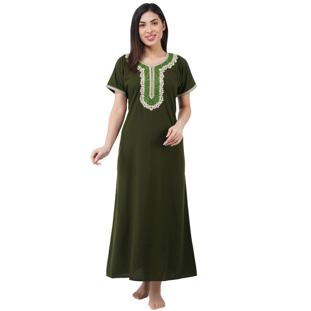 KOI SLEEPWEAR Premium Women White Contrast Embroidery Night Gown Lizzybizzy Cotton Nighty Maxi (Large, Olive Green) - Nightwear & Loungewear | Buy online on ZillyBuy