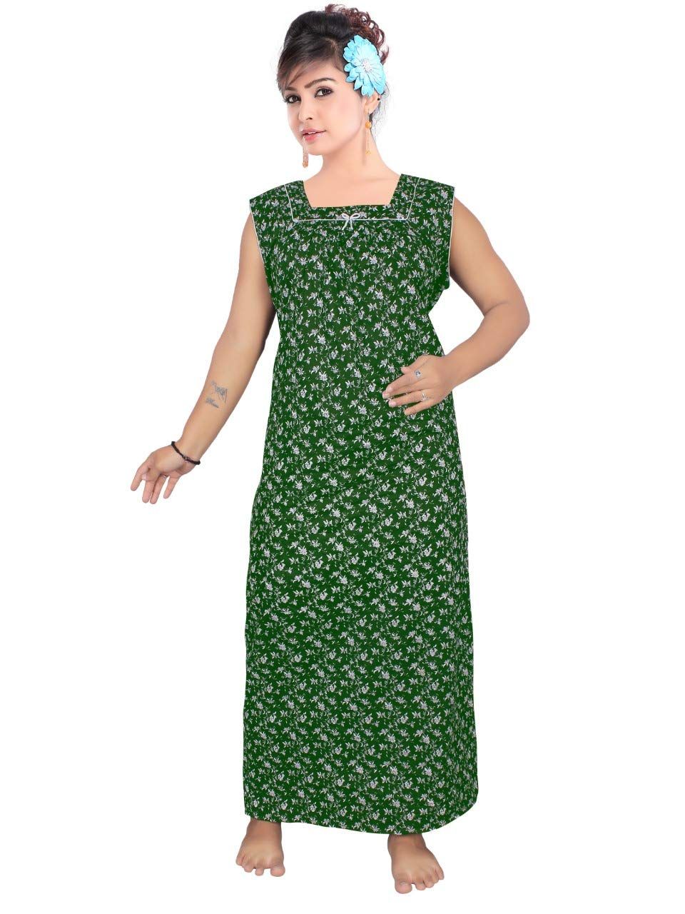 VALENCIA SLEEPWEAR lissybissy Cotton Resham Embroidery Nighty Night Gown Maxi for Women A line (Green)