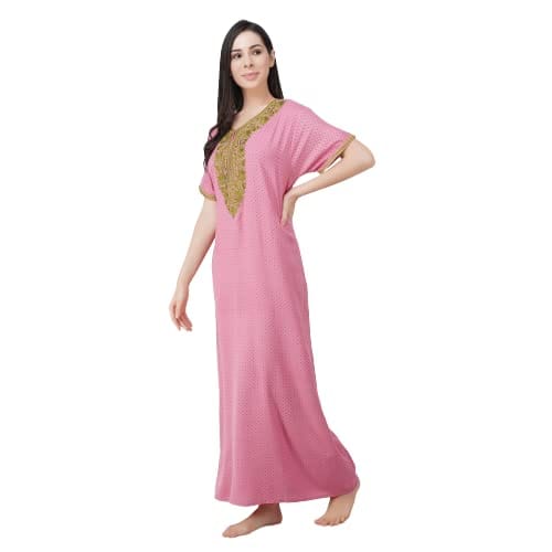 KOI SLEEPWEAR Pink Dotted Alpine Nightdress with Beautiful Embroidery and Pockets Comfortable for Women