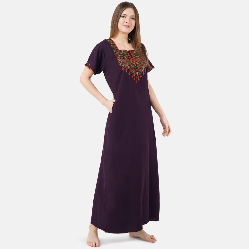VALENCIA SLEEPWEAR Cotton LizzyBizzy Embroidery Nighty Nightwear Maxi Nightgown Plain Wine